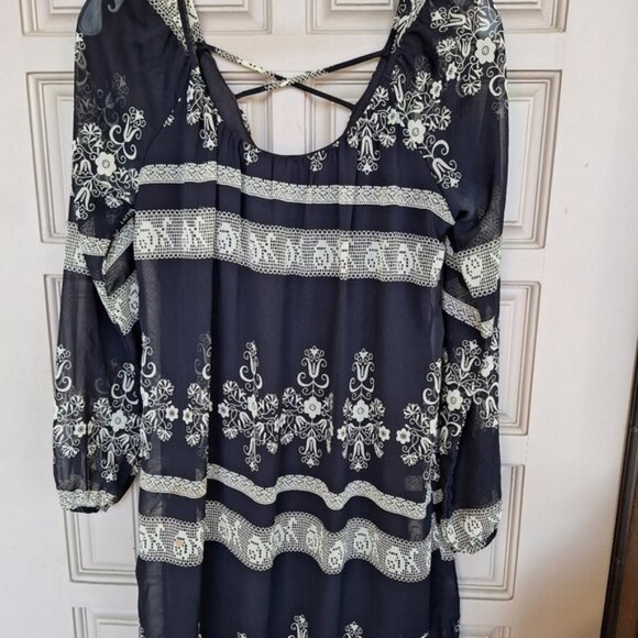 Millibon Dress Elastic Waist Black Geometric SzM Long Sleeves Cross Back Lined - Picture 10 of 12